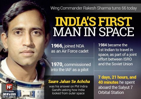 Wing Commander Rakesh Sharma, AC, Hero of the Soviet Union, is a former Indian Air Force test pilot who flew aboard Soyuz T-11 as part of the Intercosmos programe. Sharma was the first Indian to travel in space. Born: January 13, 1949 (age 66), Patiala, India Space missions: Soyuz T-10, Soyuz T-11 Rakesh Sharma, Hand Lettering Alphabet Fonts, Test Pilot, Wing Commander, Iron Man Armor, Indian Air Force, Alphabet Fonts, Hand Lettering Alphabet, India First