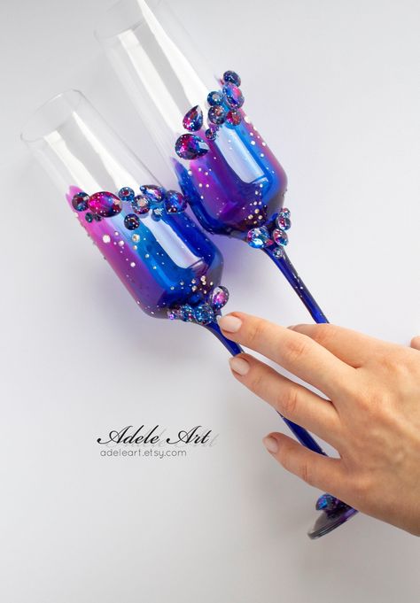 Galaxy Themed Wedding Ceremony Decor, Galaxy Themed Wedding, Galaxy Wedding, Decorated Wine Glasses, Wedding Flutes, Celestial Wedding, Toasting Flutes, Wedding Glasses, Future Wedding Plans