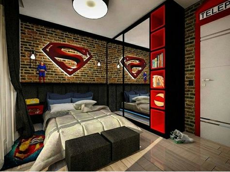 Superman bedroom adult geek Marvel Adult Bedroom, Dc Room Ideas, Flash Bedroom, Bachelor Room Ideas, Superman Bedroom, Superman Room, Design A Superhero, Bachelor Room, Superhero Room Decor