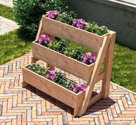 Perfect for patios, porches, gardens, or anywhere you want to grow! Pack them full of big blooming annual flowers for a huge pop of color. Or fill them with your favorite herbs or salad crops to create a wondrous kitchen herb garden.  Check out this raised planter box, and let your favorite leafy friends have their place to grow. Raised Planter Box Plans, Raised Planter Boxes Plans, Balcony Planter Boxes, Vegetable Planter Boxes, Pyramid Planter, Planter Box Plans, Raised Garden Bed Plans, Raised Garden Planters, Raised Planter Boxes