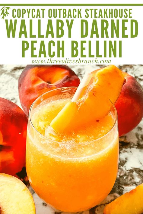 Wallaby Darned Recipe, Peach Vodka Drinks, Peach Schnapps Drinks, Peach Bellini Recipe, Copycat Outback, Peach Bellini Cocktail, Frozen Peach Bellini, Bellini Recipe, Peach Vodka