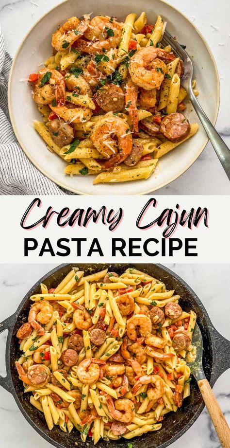 This Cajun pasta recipe is such a flavorful dish! The combination of the sausage, shrimp, veggies, creamy sauce, and Cajun spice mix is truly satisfying. Easy Cajun Pasta, Shrimp Dishes Recipes, Turkey Sausage Pasta, Cajun Seafood Pasta, Cajun Pasta Recipes, Decadent Recipes, Shrimp And Sausage Pasta, Cajun Sausage Pasta, Creamy Cajun Pasta