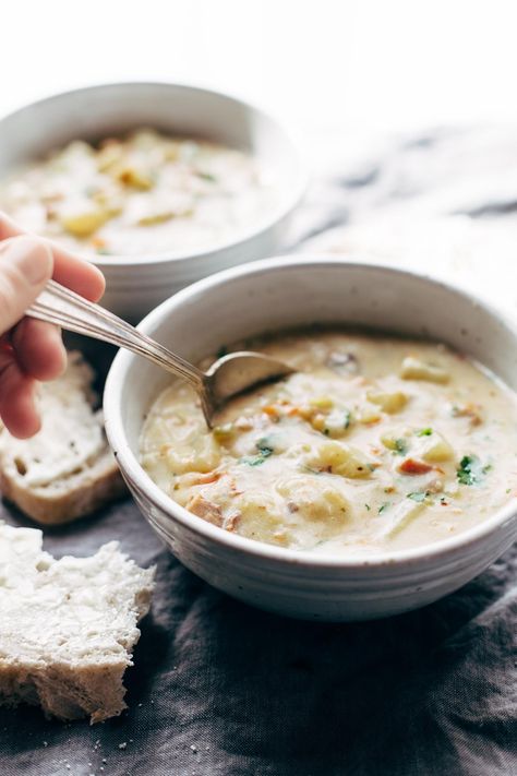 Creamy Potato Soup - so simple and all-homemade, with carrots, celery, potatoes, milk, butter, flour, and bacon. perfect comfort food with no canned cream-of-anything soups. | pinchofyum.com Recipe With Milk, Creamy Potato Soup Recipe, Beef Snacks, Cream Of Potato Soup, Pinch Of Yum, Creamy Potato Soup, Carrots Celery, Baked Potato Soup, Potato Soup Recipe