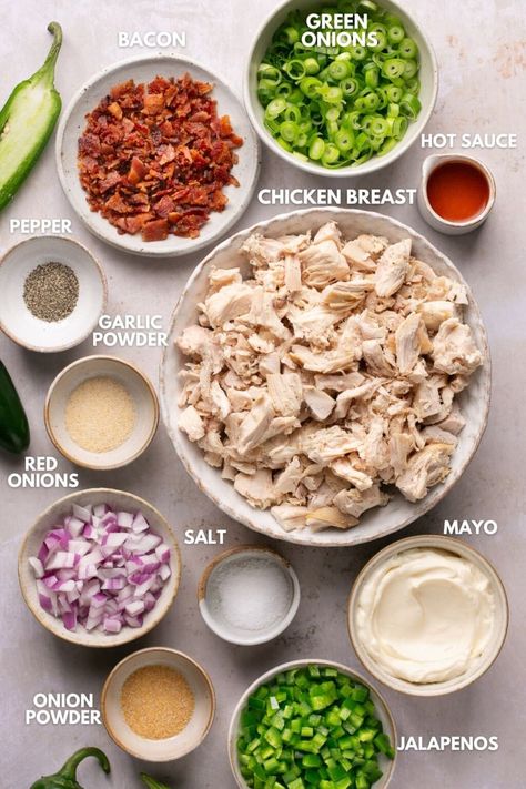 This Jalapeno Popper Chicken Salad recipe is easy to make and loaded with homemade chopped chicken, mayo, bacon, onions, and jalapenos. Serve this salad over lettuce or on top of cucumbers. Only 2 NET carbs per serving! Whole30, Keto, GF, DF and Paleo. Jalapeno Chicken Salad Recipe, Jalapeno Popper Chicken Salad, Chicken Mayo, Chicken Salad Sandwich Recipe, Chicken Poppers, Popper Chicken, Chicken Salad Recipe Easy, Jalapeno Popper Chicken, Whole30 Keto