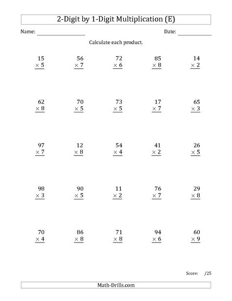 The Multiplying 2-Digit by 1-Digit Numbers (E) math worksheet from the Long Multiplication Worksheet page at Math-Drills.com. Long Multiplication Worksheets, Long Multiplication, Two Digit Multiplication, Double Digit Multiplication, Math Multiplication Worksheets, Homework Worksheets, Math Practice Worksheets, Math Drills, Multiplication Practice