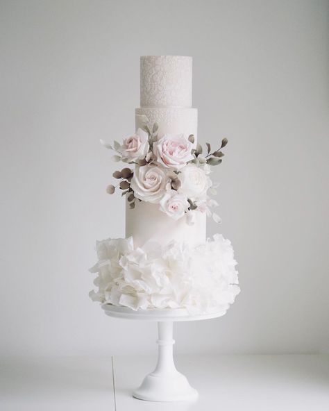 Tracy James on Instagram: “New design ... fluffy wafer paper ruffles with blush icing, sugar flowers & greenery. Gorgeous stencil from @amelieskitchen 💕…” Delicate Cakes, Extravagant Cakes, Paper Ruffles, Cotton And Crumbs, Contemporary Wedding Cakes, Ruffle Wedding Cake, Dummy Cake, Cake Design Inspiration, Wedding Fayre