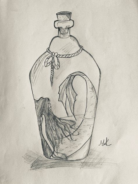 Mermaid In A Jar, Mermaid In A Bottle, Mermaid Sketch, Weird Drawings, Bottle Drawing, Fantasy Drawings, Fairy Tattoo, Painted Jars, Sketches Easy