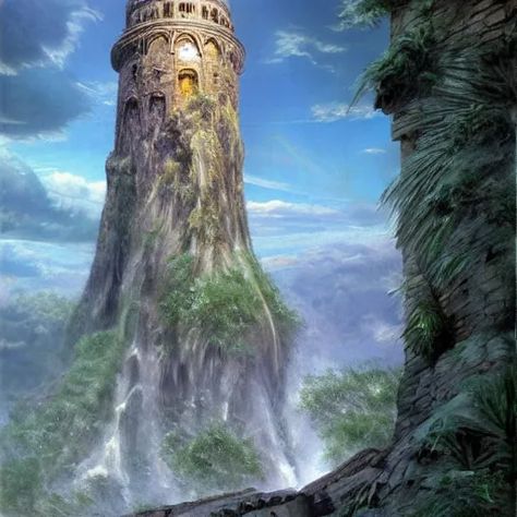 Tower surrounded by a spiral staircase. Tower standing | Stable Diffusion | OpenArt Fantasy Tower Art, Fantasy Tower Concept Art, Ted Nasmith, Fantasy Ships, Fantasy Tower, Waterfall Building, Giant Crystal, Jungle Tree, Dark Evil