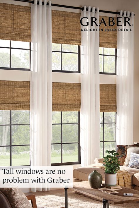 Shades For Tall Windows, Window Coverings For Tall Windows, Blinds For Tall Windows, Motorized Blinds For Windows, Tall Window Treatments, Motorized Roman Shades, Large Window Coverings, Wyoming House, Motorized Window Shades