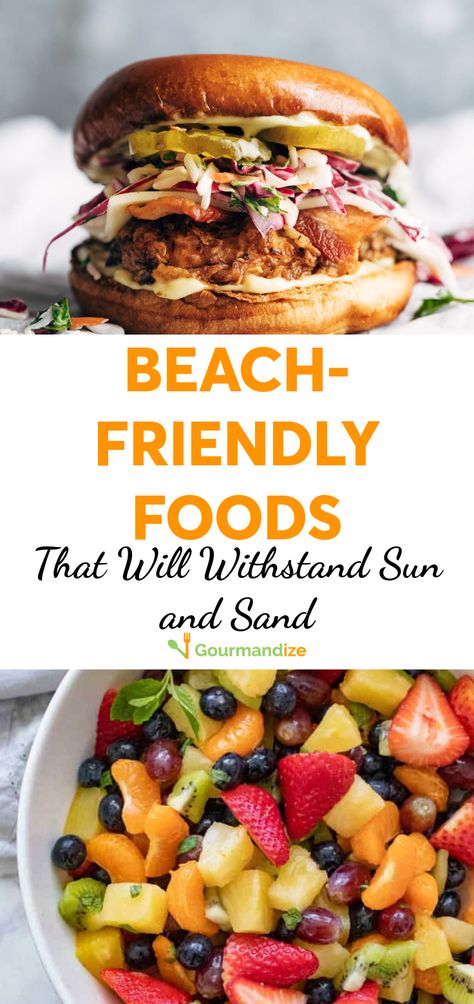 Plan the perfect beach day with these no-fuss recipes your whole family will love.  #beach #easyrecipes #beachfood #picnicfood #beachday #summerrecipes #friedchicken #fruitsalad #salad #sandwiches Beach Vacation Recipes Meal Planning, Easy Beach Lunch Ideas Clean Eating, Dinner On The Beach Food, Easy Beach Day Meals, Beach Vacation Menu Ideas, Food Ideas For Beach Day, Summer Beach Recipes, Dinner Ideas For The Beach, Beach Sandwiches Summer