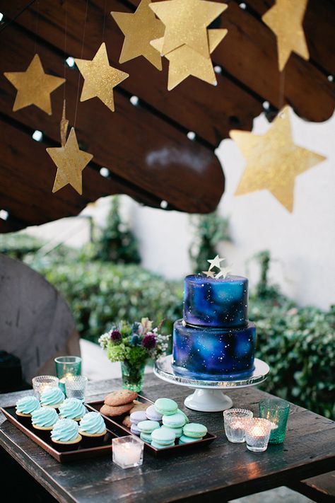 Starry Night Peter Pan Baby Shower Dessert Table | via Sweet Tooth Peter Pan Party, Disney Desserts, Galaxy Cake, Baby Shower Dessert Table, Shower Desserts, Wish Upon A Star, Baby Shower Desserts, Space Birthday, Star Party