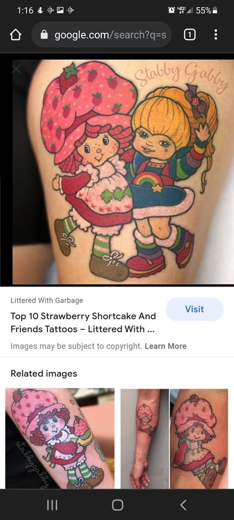 Strawberry Shortcake Tattoos, 80s Cartoon Tattoos, Strawberry Shortcake Tattoo Ideas, Rainbow Brite Tattoo, 80s Tattoo Ideas, Strawberry Shortcake Tattoo, Tattoo Therapy, Collage Tattoo, Random Tattoos