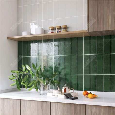 Green Mosaic Tile, Green Subway Tile, Modern Kitchen Backsplash, Green Backsplash, Kitchen Green, Green Mosaic, Subway Tile Kitchen, Kitchen Redesign, Tile Kitchen