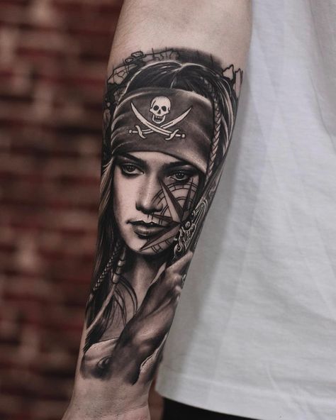 Women Pirate Tattoo, Female Pirate Tattoo Ideas, Pirate Lady Tattoo, Pirate Themed Tattoos, Pirate Tattoo Sleeve, Sea Tattoo Sleeve, Pirate Women, Black And Grey Tattoo, Pumpkin Tattoo