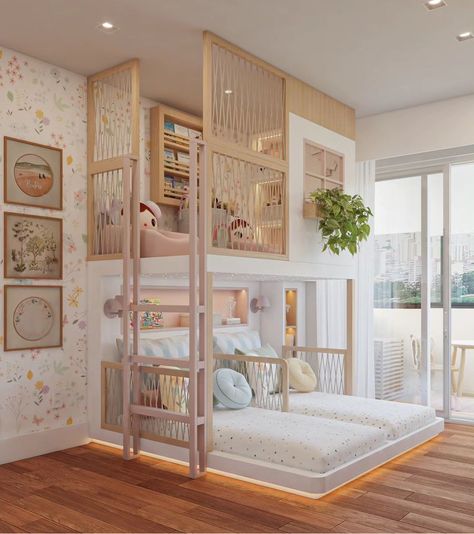 Raised Bed Kids Room, Bedroom Ideas For 3 Sisters, Bedroom For Three Sisters, Sharing A Room Ideas Sisters, Loft Beds For Teens, Kids Bed Design, Cool Room Designs, Cool Kids Bedrooms, Kids Room Interior Design