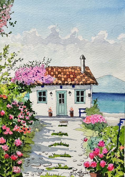 Watercolor Detailed Painting, Watercolor Cottage Simple, Aesthetic Building Drawing, Watercolor Inspo Aesthetic, Cute House Painting, Building Painting Acrylic, Aesthetic Watercolor Art Easy, Watercolor Buildings Easy, Watercolour Cottages