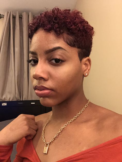 Burgundy Short Natural Hair, Natural Hair Color For Black Women Burgundy Short Hairstyles, Burgundy Shaved Hair Black Women, Short Burgundy Hair Pixie, Burgundy Twa, Burgundy Big Chop, Burgundy Pixie Cut Black Women, Burgundy Pixie Cut, Burgundy Pixie