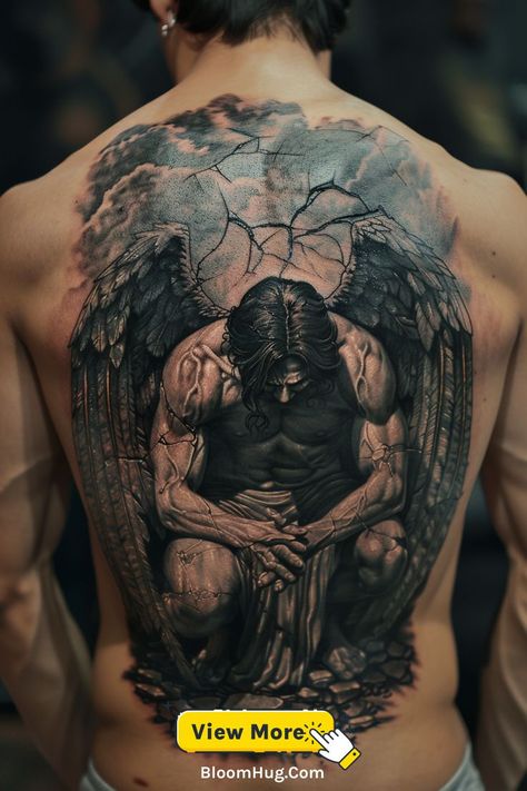 A large back tattoo of an angel kneeling in prayer. The design symbolizes devotion, faith, and spiritual guidance, making it a powerful and meaningful choice for back tattoos. Angel Tattoo For Men, Large Back Tattoos, Back Tattoo Ideas For Men, Tattoo For Men Ideas, Kneeling Angel, Back Tattoo Ideas, Kneeling In Prayer, Angel Tattoos, Knot Tattoo