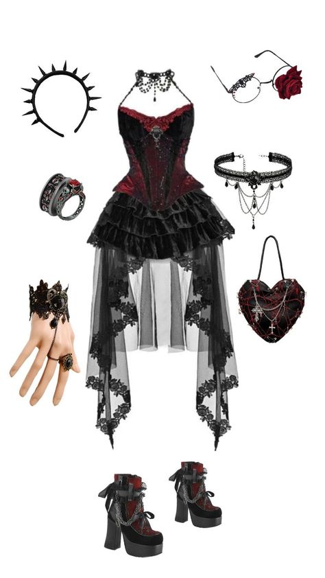 God Outfits Female, Vampire Royalty Outfits, Gothic Romance Outfit Women, Romantic Grunge Style, Vampire Costume Goth, Emo Hoco Dresses, Formal Gothic Outfit, Dracula Aesthetic Outfit, Vampire Woman Outfit