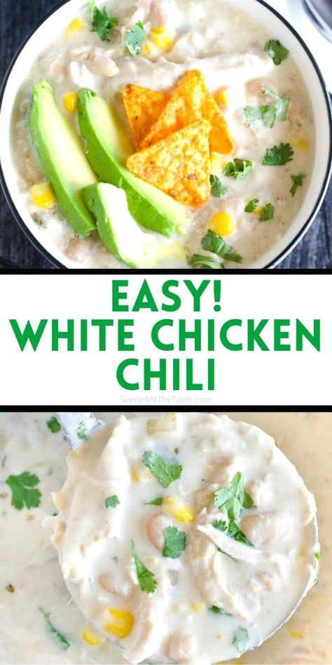 This white chicken chili is easy and creamy, made in just one pot on the stove top. A family favorite dinner recipe! Chicken Chili Stove Top, Easy White Chili, Kid Dinners, Creamy White Chicken Chili Recipe, Easy White Chicken Chili, Fresh Pumpkin Recipes, Recipes Chili, White Chicken Chili Recipe, Creamy White Chicken Chili