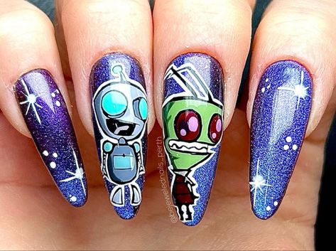 Invader Zim Nail Art, Invader Zim Nails, Super Cute Nails, Goth Nails, Painted Nail Art, Unique Acrylic Nails, Invader Zim, Cartoon Stickers, Body Mods