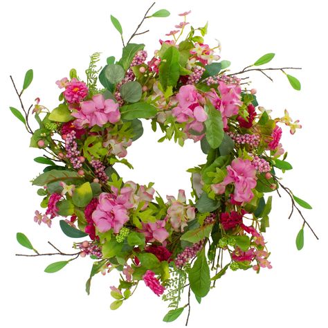 "Buy the 23\" Pink Chrysanthemum & Hydrangea Floral Spring Wreath at Michaels. com. Add lovely pops of color to your home with our lifelike artificial chrysanthemum and hydrangea wreath. Featuring realistic, silky flowers intertwined with a natural grapevine base it would look beautiful and welcoming on a wall or door of your home. Add lovely pops of color to your home with our lifelike artificial chrysanthemum and hydrangea wreath. Featuring realistic, silky flowers intertwined with a natural g Flowers Intertwined, Material Wreaths, Twig Wreath, Artificial Hydrangeas, Hydrangea Purple, Artificial Flowers And Plants, Hydrangea Wreath, Berry Wreath, Wreaths And Garlands