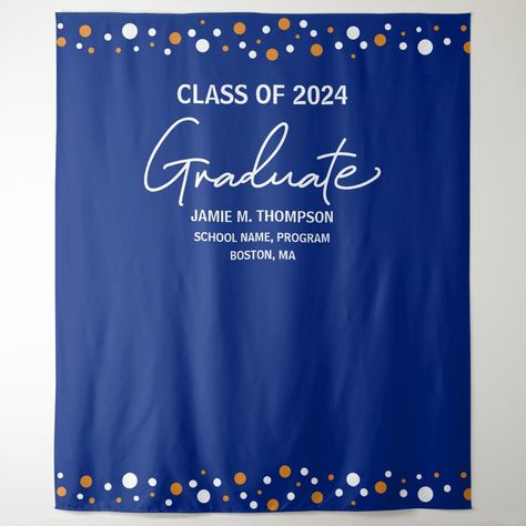 2024 Backdrop, Selfie Background, Backdrop Graduation, Royal Blue Background, Gold Class, Graduation Backdrop, Blue Graduation, White Confetti, Graduation Invitation