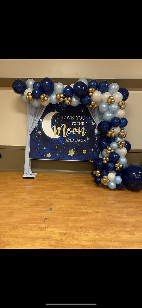 Moon Themed Gender Reveal, Solar System Baby Shower Ideas, Space Themed Baby Shower Ideas Boy, Night Sky Themed Baby Shower, Out Of This World Baby Shower Theme, Over The Moon Baby Shower Ideas Boy, Space Themed Baby Shower Ideas, Space Baby Shower Ideas, Love You To The Moon And Back Baby Shower