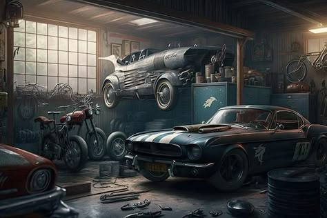 Scifi Car, Car In Garage, Car Mechanics Garage, Vintage Car Garage, Old Workshop, Classic Ford Mustang, Elmore Leonard, Retro Garage, Door Room