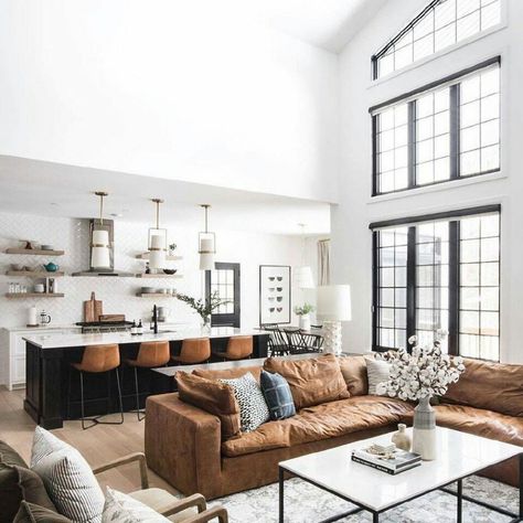 Leather Couch Living Room Transitional, Living Room Tan And Black, Modern Farmhouse Living Room Leather Sofa, Beige And Cognac Living Room, Interior Design Living Room Brown Couch, Cognac And White Living Room, Brown Leather Couch Basement, Modern Farmhouse Brown Leather Couch, Apartment Leather Couch Decor