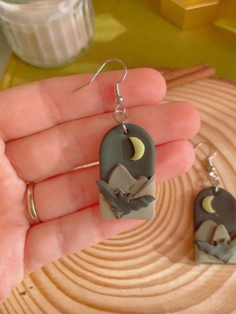 Halloween Earrings | Spooky earrings | Bat dangle earrings | Halloween clay Earrings jewelry | bat moon mountains black dangle Earrings Halloween Clay Earrings, Black Dangle Earrings, Spooky Earrings, Halloween Clay, Halloween Moon, Clay Studio, Black Earrings Dangle, Earrings Halloween, Halloween Earrings