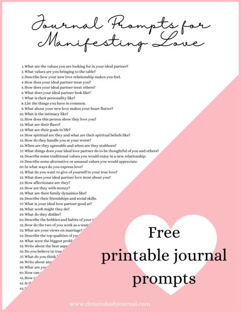 love journal prompts Love Manifestation Journal Prompts, Journal Prompts For New Relationships, Manifesting Ideal Partner, Manifesting Love Journal, Ideal Partner Journal Prompts, Manifesting Love Journal Prompts, Manifest Ideal Partner, Love Journal Prompts Boyfriend, Journal Prompts For Dating