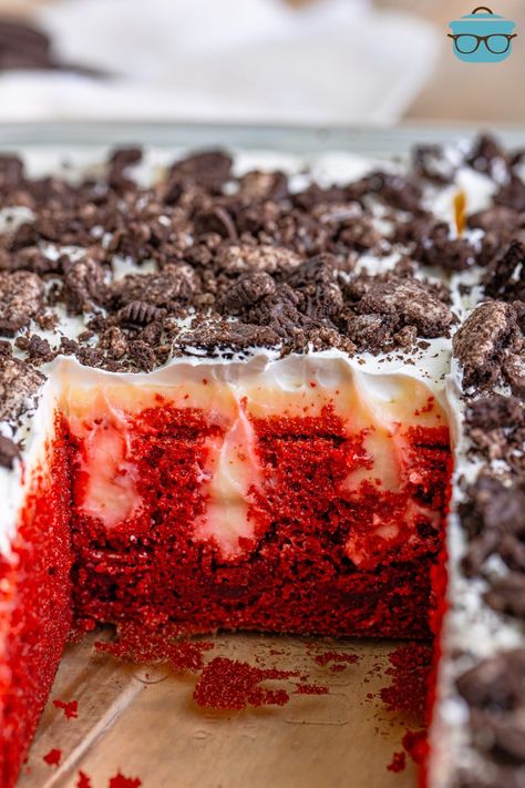 A baking dish with a Red Velvet Poke Cake and a slice missing. Red Velvet Poke Cake Recipe, Cake Recipe Red Velvet, Red Velvet Oreo Cake, Red Velvet Pudding, Red Velvet Cake Recipe Easy, Red Velvet Poke Cake, Red Velvet Cheesecake Cake, Banana Pudding Poke Cake, Red Velvet Oreo