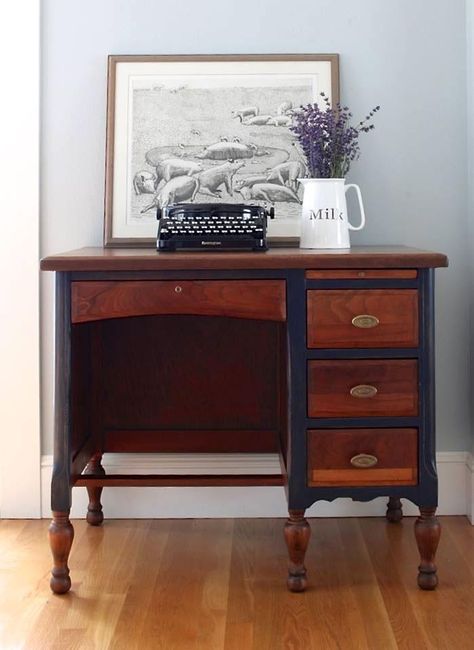 Saw Nail and Paint freshened this vintage desk in Milk Paint and Gel Stain!  They explain, "This teacher's desk was refinished in Antique Walnut Gel Stain and Coastal Blue Milk Paint. It is such a solid desk and the walnut refinished so beautifully! Original hardware on the drawers."  Learn more about our Retail Products at https://www.youtube.com/watch?v=seU-4uSnW88. Spray Paint Furniture Without Sanding, Refurbished Desk, Desk Redo, Diy Furniture Restoration, Teacher's Desk, Painted Desk, Coastal Blue, Refurbished Furniture, A Desk