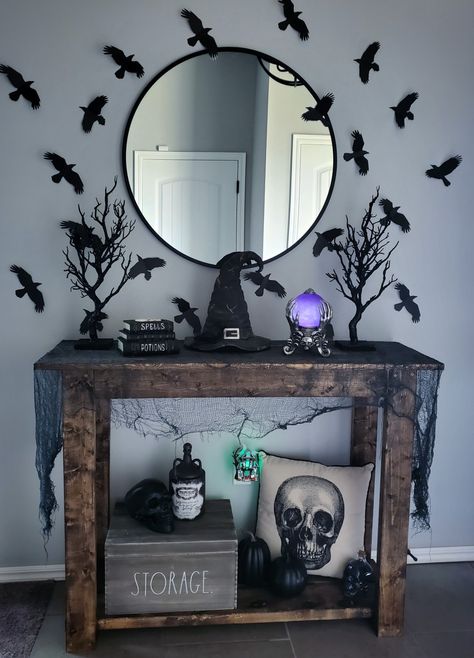 Halloween Hall Table Decor, Side Table Halloween Decor, Halloween Decor Buffet Table, Halloween Entrance Table Decor, Entryway Decor Halloween, Diy Halloween Entryway, Halloween Powder Room, Halloween Console Table Decor Entryway, Halloween Entry Way Table