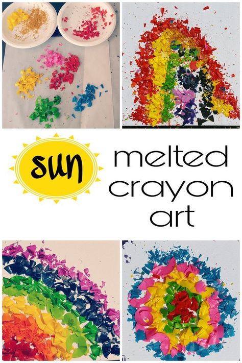 Summer art!  This is a great activity for kids of all ages when the weather is beautiful and the sun is shining.  Use just crayon shavings and the sun!  This activity is perfect for summer and easily incorporates science!   #summerart #crayon #meltedart #artforkids Crayon Crafts For Kids, Melted Crayon Art Ideas, Crayon Melting Art, Crayon Art Ideas, Camping 2023, Cultivating Creativity, Melted Crayon Crafts, Art Ideas For Kids, Happy Zone