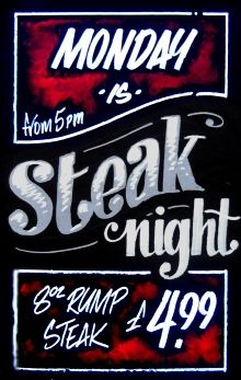 Steak Night, Restaurant Inspiration, Chalkboard Ideas, Sign Writing, Pub Signs, Menu Board, Chalkboard Signs, Chalkboard Art, Hand Painted Signs