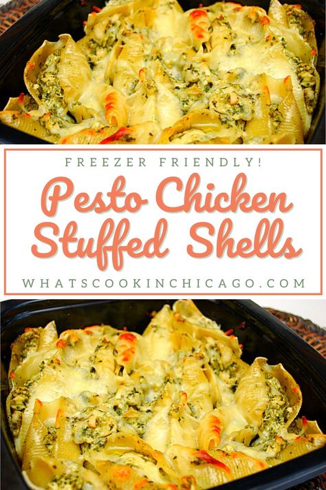 This recipe is a result of using up leftover ingredients I had from other dishes I prepared for the freezer. I figured chicken, pesto and cheese would work with pasta fairly well and so I hoped for the best. We enjoyed these Pesto Chicken Stuffed Shells from the freezer and even my husband was impressed how these came out! I guess I'll have to make this again soon and/or experiment some more... #pesto #pestochicken #freezerfriendlyrecipe #pestochickenrecipe Stuffed Shells Chicken, Pesto Lasagna, Chicken Stuffed Shells, Shells Stuffed, Stuffed Shells Ricotta, Jumbo Pasta Shells, Leftover Chicken Recipes, Chicken Pesto, Chicken Stuffed