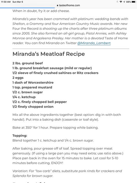 Miranda Lambert Meatloaf Recipe, Miranda Lambert Meatloaf, Ashley Monroe, Country Music Awards, Meatloaf Recipe, Miranda Lambert, Meatloaf Recipes, Sausage Breakfast, Taste Of Home