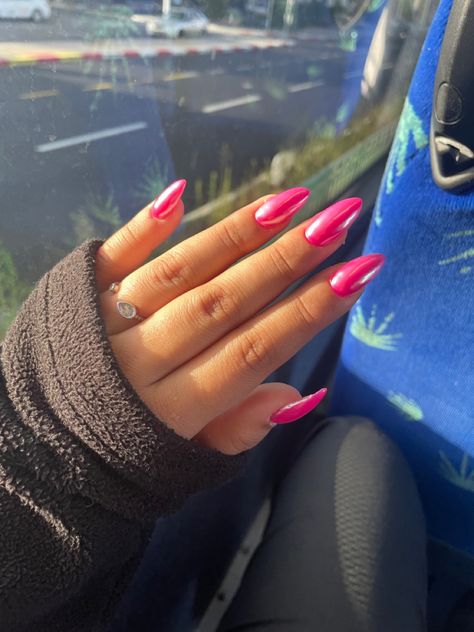 Hot Pink Gel Extensions, Fuchsia Chrome Nails, Bright Fuschia Nails, Bright Pink Acrylic Nails Almond, Pink Chromatic Nails, Hot Pink Crome Nails Almond, Bright Pink Nails With Chrome, Ruby Chrome Nails, Fushia Chrome Nails