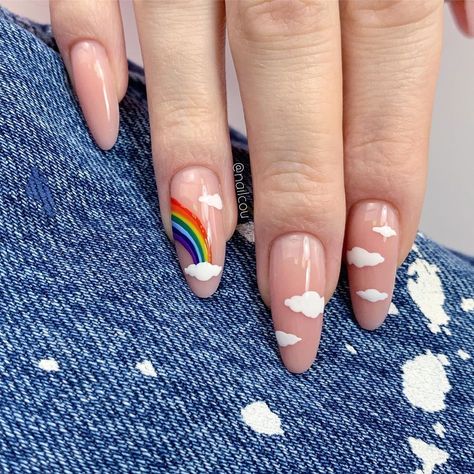 Short Nail Design, Swirl Nail Art, Swirl Nails, Rainbow Clouds, Minimalist Nail Art, Striped Nails, Short Nail, Rainbow Cloud, Rainbow Nails