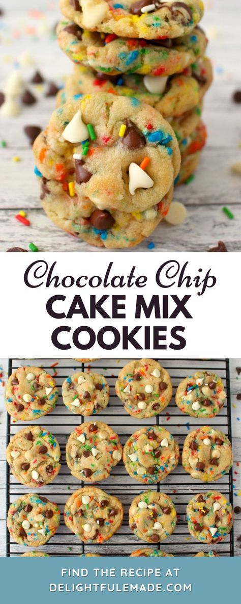 The ultimate cake mix chocolate chip cookies recipe! These Chocolate Chip Cake Mix Cookies are loaded with sprinkles, white and semi-sweet chocolate chips, and packed with some serious flavor. Made with the help of a cake mix, these cookies are perfectly crisp on the outside and chewy on the inside! To take on the unique flavors of birthday cake, I’ve mixed in some funfetti cake mix, along with the addition of rainbow sprinkles. Rainbow Cake Mix Cookies, Rainbow Chip Cake Mix Recipes, Chocolate Chip Cookies With Sprinkles, Chocolate Chip Cake Mix Cookies, White Cake Mix Cookies, Cake Mix Chocolate Chip Cookies, Banana Cake Mix, Cookies With Sprinkles, Boxed Cake Mixes Recipes