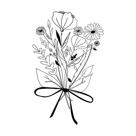 Line Art Flowers Bouquet Print, Simple drawing in black outline, Bouquet wildflowers isolated white background, Hand drawn wildflowers meadow black and white, Flower art drawing with abstract shape Black And White Flower Art, Wildflower Line Art, Wildflower Drawing, Line Art Flowers, Beautiful Flower Tattoos, Black And White Flower, Flower Art Drawing, Abstract Shape, Art Things