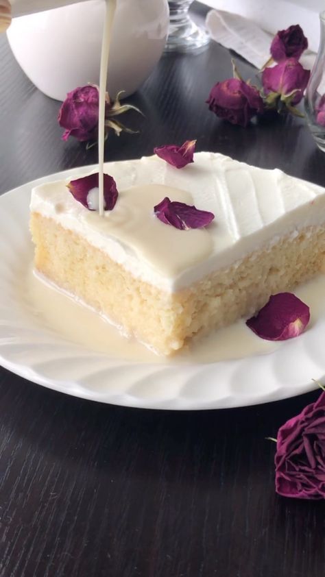 Rose Tres Leches Light & refreshing tres leches cake is soaked in a sweet milk mixture that infused with rose water and topped with fresh… | Instagram Tres Leches Cake Recipe, Fresh Whipped Cream, Sweet Milk, Leches Cake, Chocolate Recipes Homemade, Eggless Baking, Eggless Cake, Tres Leches Cake, Milk Cake