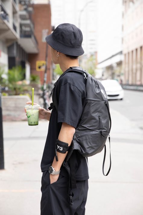 Macha Latte, Monochrome Outfit, Adidas X, Yohji Yamamoto, Bucket Hat, Clothing Accessories, Stripes, Street Style, Backpacks