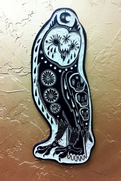 My Owl Barn: Tattoo Inspired Wood Carvings Bryn Perrott, Woodcut Art, Linoleum Print, Linocut Printmaking, Lino Art, Relief Printing, Linocut Art, Printmaking Art, Owl Tattoo