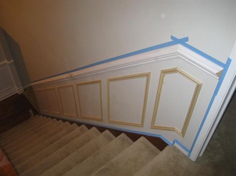 Picture molding wainscot in foyer and stairway - DIY Chatroom Home Improvement Forum Closed Stairway Decorating, Closed Stairway, Fake Wainscoting, Hallway Before And After, Stair Renovation, Ranch House Remodel, Stairway Decorating, Picture Molding, Diy Wainscoting