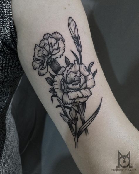 Josie (@do.you.think.im.spooky) • Instagram photos and videos Carnation Tattoo Color, Marigold Tattoo Black And White, Mandala Tattoo Forearm, Mojito Tattoo, Female Hand Tattoo, Tattoo Ideas Female Hand, Marigold Flower Tattoo, Aquarius Tattoos, Carnation Flower Tattoo