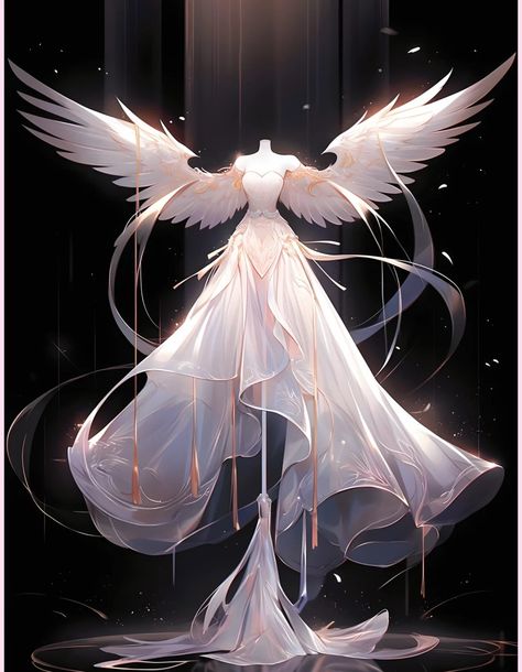 Angel Ball Gown, Angelic Clothes Aesthetic, Fantasy Angel Outfit, Angelic Outfits Drawing, Angelic Clothes Drawing, Angel Dress Drawing, Angel Dress Gowns, Angel Clothes Drawing, Winter Outfits Anime