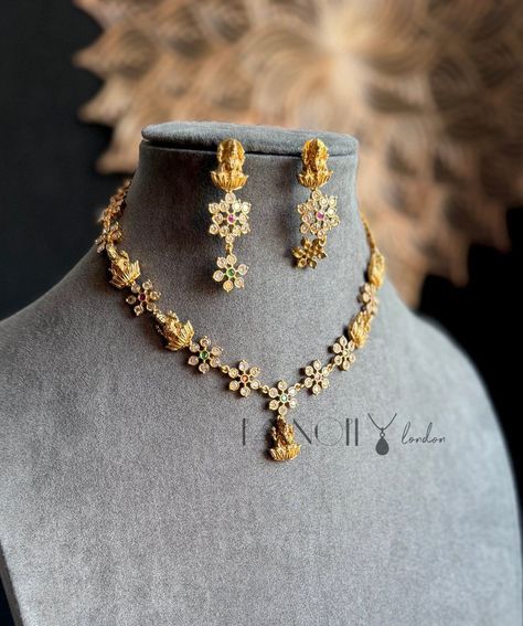 PANOPLY Delicate dainty Lakshmi necklace with earring | jewellery set  | south Indian Jewellery by PanoplyLondon on Etsy Antique Choker, Traditional Indian Jewellery, South Indian Jewellery, Choker Set, Gold Jewelry Indian, Jewellery Set, American Diamond, Traditional Indian, Indian Jewellery